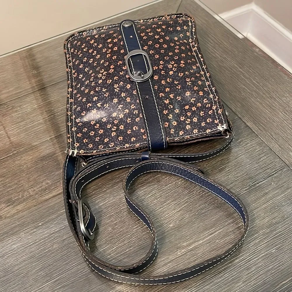 Patrica Nash Venezia Pouch Denim Daises Print, Navy Blue Leather Crossbody